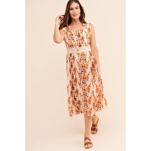 Agua Bendita Goldenrod Button Midi Dress Jazmin Orange Cream Womens Size Large - Picture 1 of 11